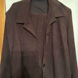 Brown suede feel suit with jacket and long skirt.
